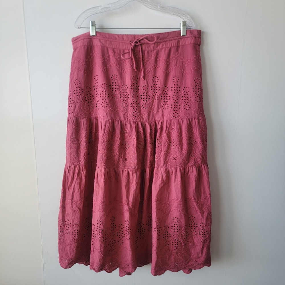Sundance women's tiered Eyelet maxi skirt sz L drawstring waist embroidery Flowy